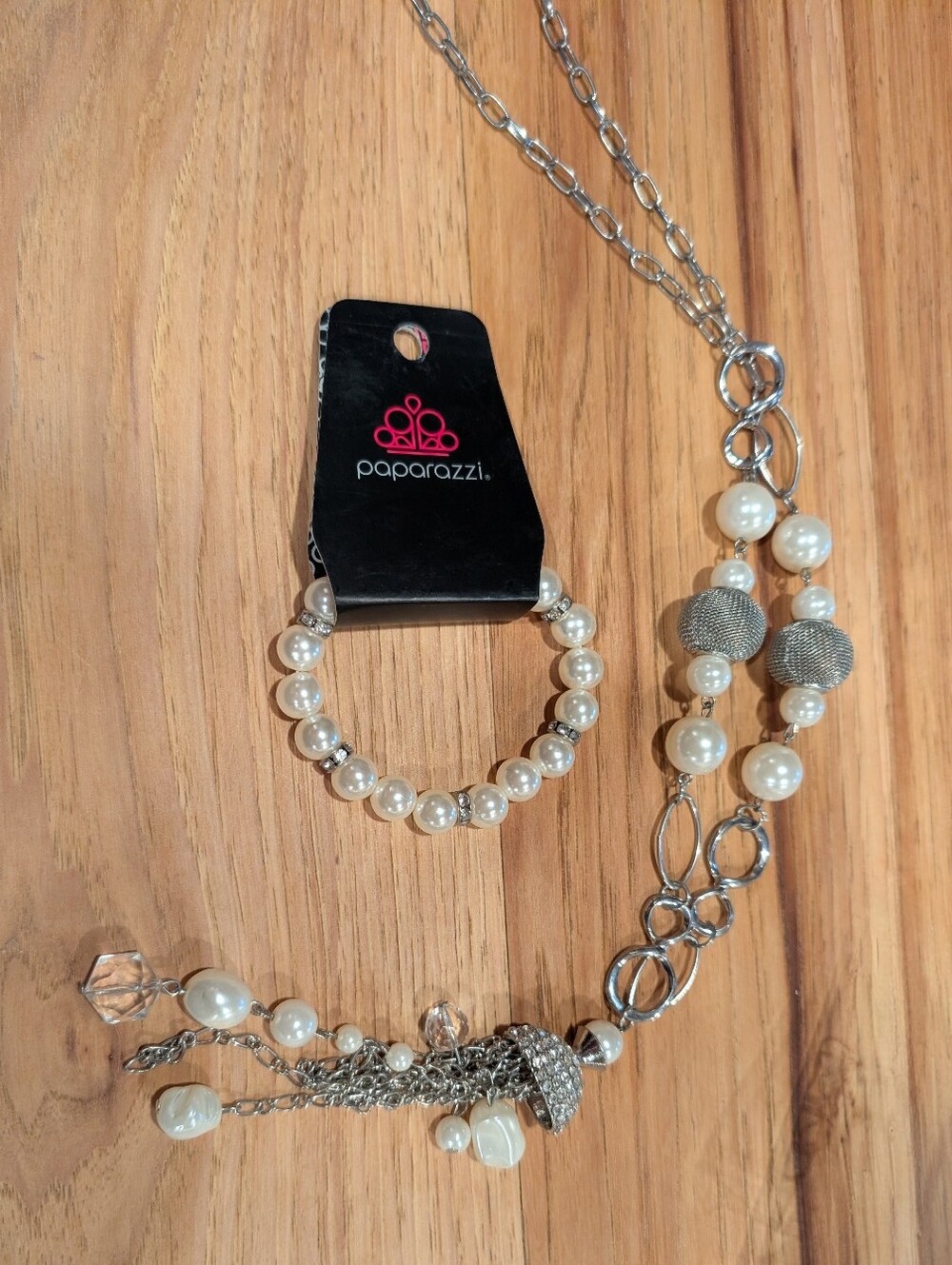 Paparazzi White Pearl & Silver Chain Tassel Necklace Bracelet And Earrings Set
